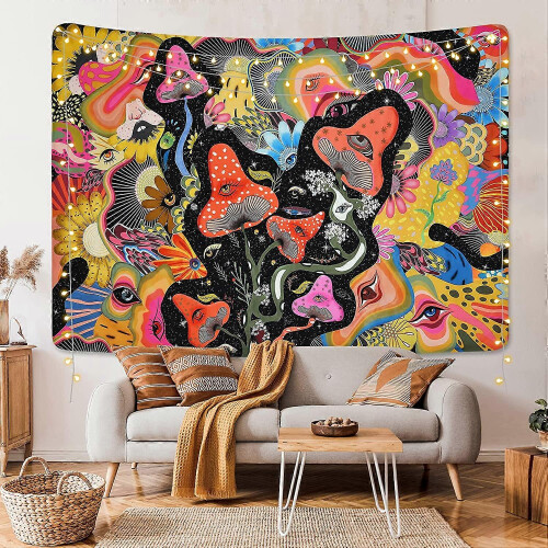 Mushroom Tapestry Psychedelic Eyes Wall Hanging Polyester Fabric Multiple Sizes 1