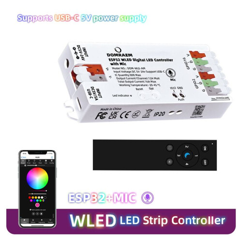DOMRAEM ESP32 WLED LED Controller Built in Microphone Download App Control WS2811 WS2812 SK6812 RF Remote 2