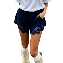 Summer Casual Wide Leg Lace Accent Shorts Elastic-Dark blue M