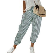 Pantalon à jambes larges en lin pour femmes,-Vert XL
