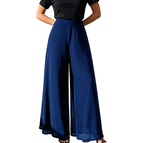 Comfortable Polyester Wide Leg Pants Ideal For Summer-Blue M