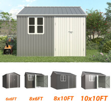 (10X8FT, Grey) BIRCHTREE Outdoor Garden Shed Steel Apex Roof Tool With Doors Window Foundation