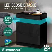 ELFORDSON Bedside Table 2 Drawer LED Storage Cabinet Chest High Gloss Nightstand