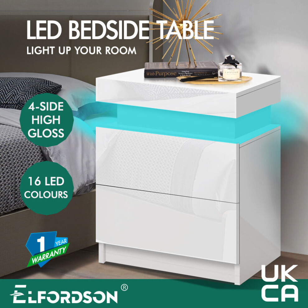 Elfordson Bedside Table 2 Drawer Led Storage Cabinet Chest High Gloss Nightstand