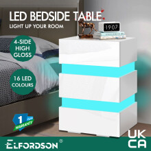 ELFORDSON Bedside Table 3 Drawer LED Nightstand Storage Cabinet High Gloss White