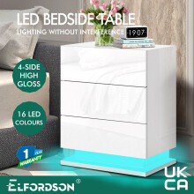 ELFORDSON Bedside Table 3 Drawer LED Nightstand Storage Cabinet High Gloss White