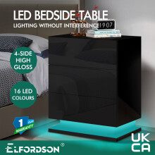 ELFORDSON Bedside Table 3 Drawer 4-side High Gloss 16 RGB LED Cabinet Nightstand