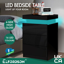 ELFORDSON Bedside Table 3 Drawer LED Storage Cabinet Chest High Gloss Nightstand