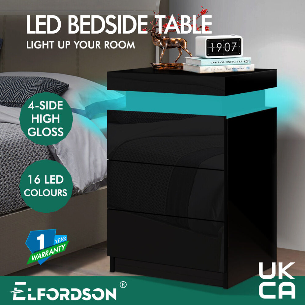 Elfordson Bedside Table 3 Drawer Led Storage Cabinet Chest High Gloss Nightstand