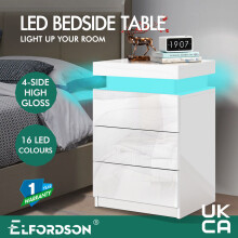 ELFORDSON Bedside Table 3 Drawer LED Storage Cabinet Chest High Gloss Nightstand