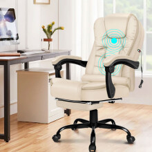 ELFORDSON Office Chair Massage Dual-Padded Recliner Swivel Footrest Gaming Cream