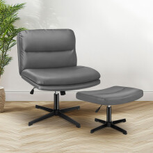 ELFORDSON Armless Chair Swivel Office Padded Wide PU Leather Grey w/ Footstool