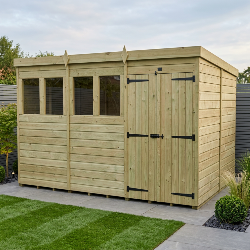 12 x 7 Pent Shed Tanalised (Double Door, With Windows)