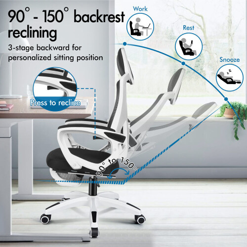 ELFORDSON ELFORDSON Mesh Office Chair Footrest Headrest Recline Adjustable Gaming Computer 2