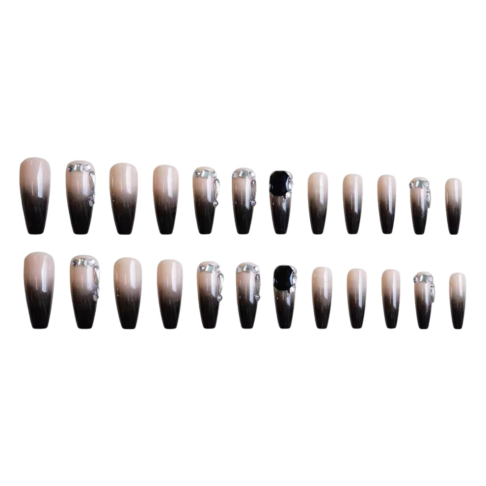 Zhouq-Outdoors Glossy Black Gradient False Nails, Long Lasting & Waterproof