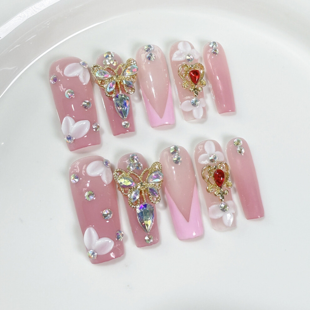 Zhouq-Outdoors (S) Flower Print Press-On Nails - Salon Quality Manicure