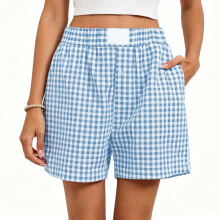 Comfortable Cotton Gingham Shorts Women Casual-Light blue XL