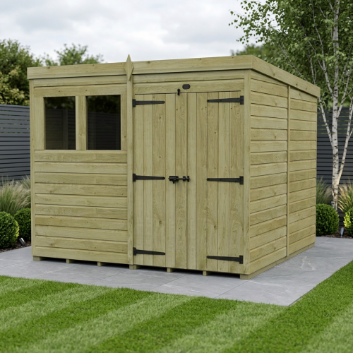 8 x 10 Pent Shed Tanalised (Double Door, With Windows)