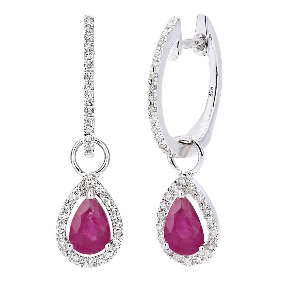 Jewelco London 9Ct White Gold Round 20Pts Diamond Pear 1Ct Ruby Teardrop Drop Earrings - De1axl618wru