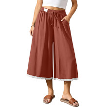Linnen culottes voor dames, wijde pijpen, zwierige broek,-Rode L