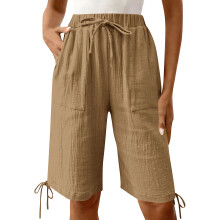 Shorts for Women Length High Baggy Shorts with Pockets-Khaki M