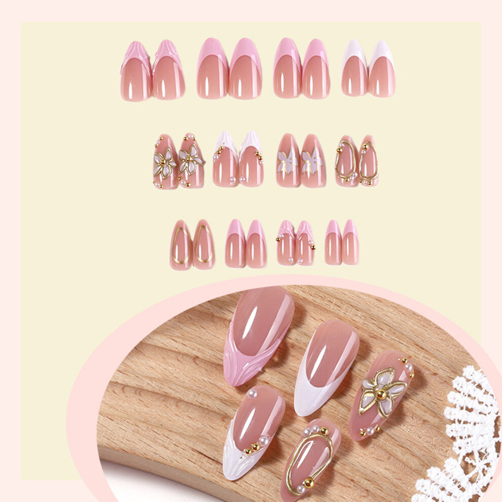 Reach-Tools 24Pcs Almond False Nails Pearl Gold Beads
