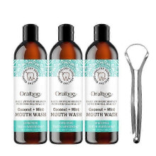 3pcs Oil Pulling with Tongue Scraper, Natural Alcohol-Free Coconut Oil Mouthwash, Lemon Fragrance