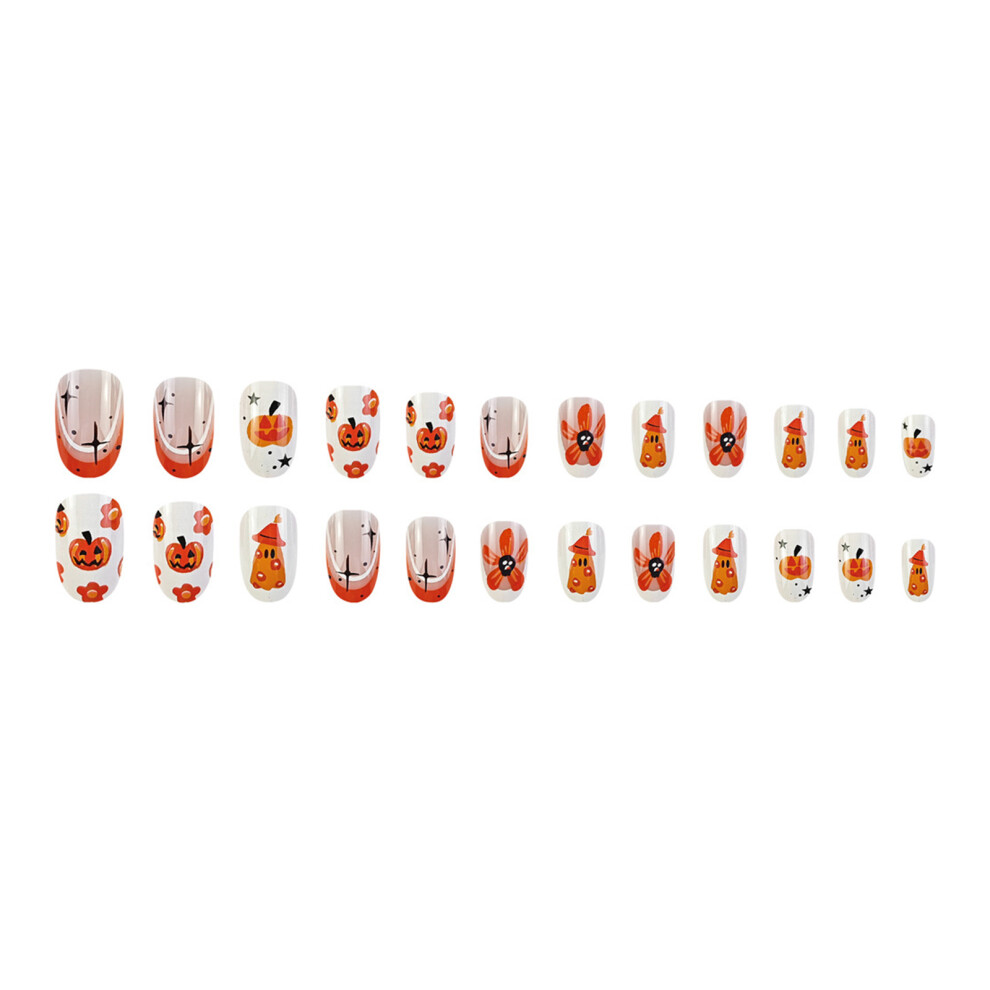 Dcph-Clothing 24Pcs Night Sky Flower Fake Nails, Orange Edge