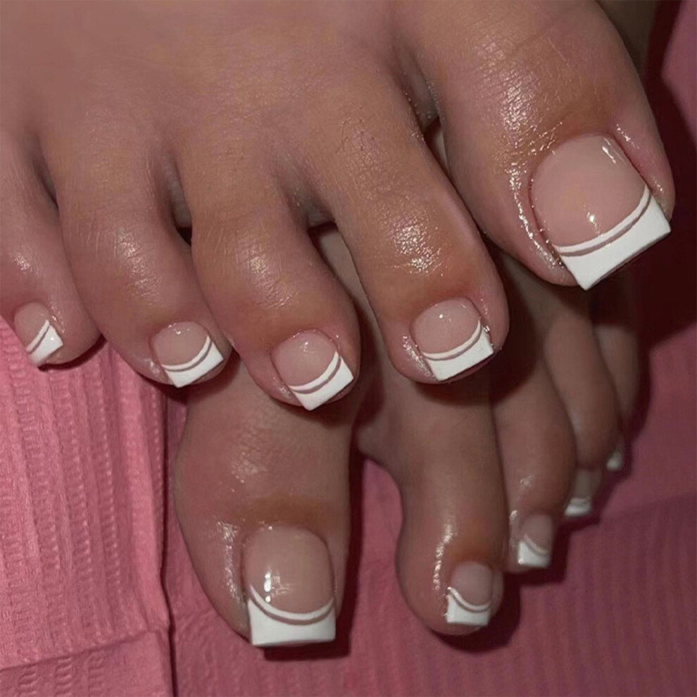 Hue-Grain (Standard) Fake Toenails For Women, Reusable White Edge Nail Art
