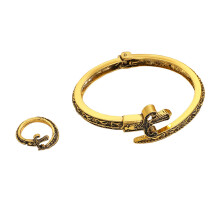 Fashionable Serpentine Open Cuff Bracelet and Rings-Gold-color
