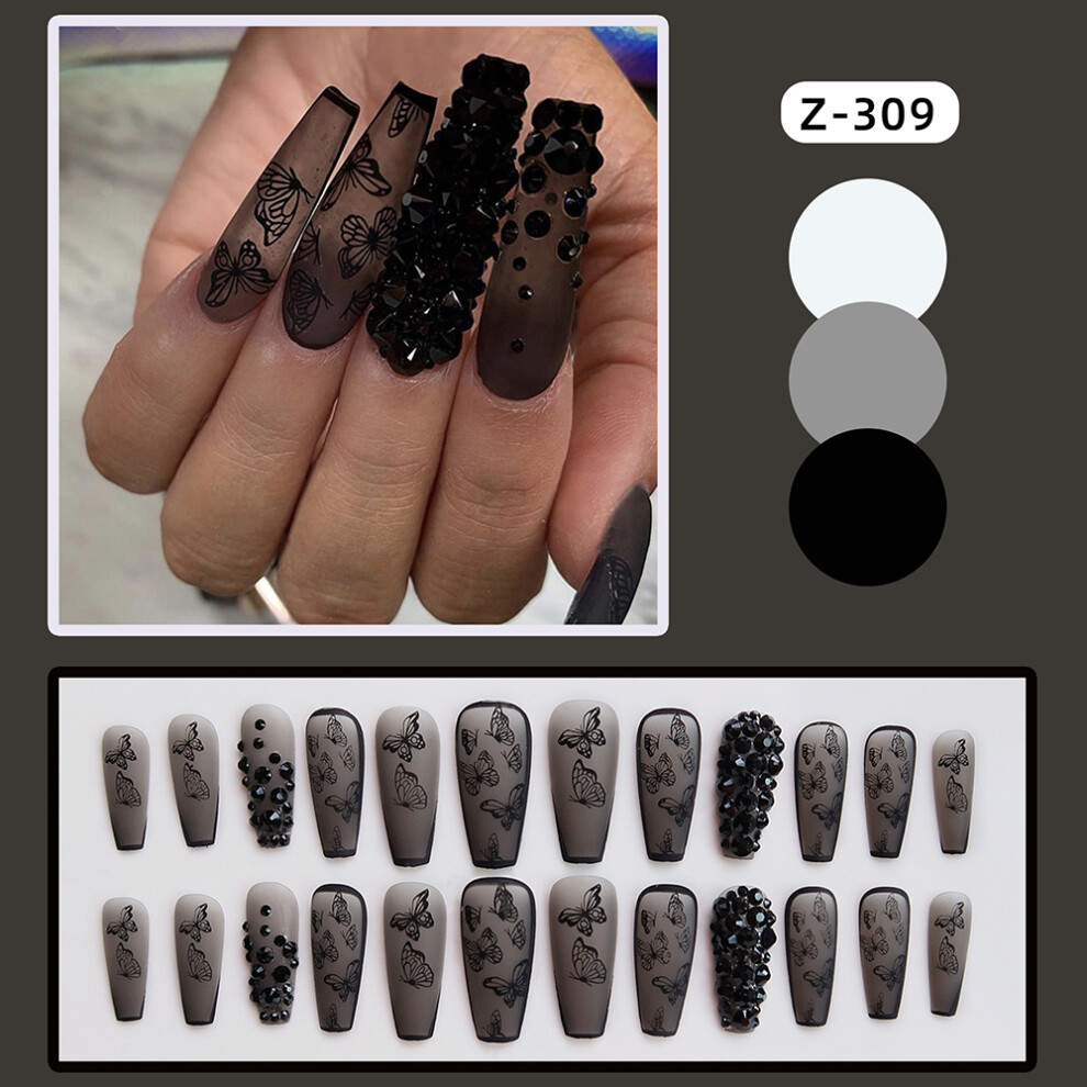 Roc-Electron (Jelly Glue Model) 24Pcs Black Butterfly Long Fake Nails