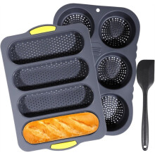 Silicone Pan and Hamburger Bun Pan Set,Non-Stick French Bread Baking Mold,Wave French Bread Baking Tray,with Scraper