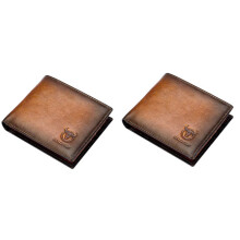 2X BULLCAPTAIN RFID Men's Leather Anti-Theft Brush Wallet Double Short Wallet Multi-Card Position ID Bag (Brown)