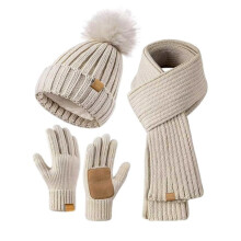 Winter Hat Scarf Gloves Set for Women, Gloves with Pom Pom Beanie and Long Scarf, Stylish 3 in 1 Winter Accessories