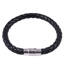 2 Pcs Stainless Steel Leather Bracelet, Braided Leather Bracelet for Men Women Black Width 6mm, Length 18cm & 23cm
