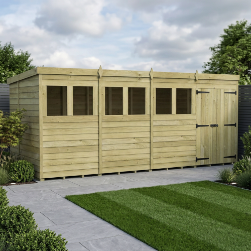 16 x 5 Pent Shed Tanalised (Double Door, With Windows)