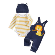 (0-3 Months, Blue) Baby Boy Fall Outfits Stripe Print Long Sleeve Romper Overall Pants and Hat