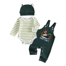 (6-12 Months, Green) Baby Boy Fall Outfits Stripe Print Long Sleeve Romper Overall Pants and Hat