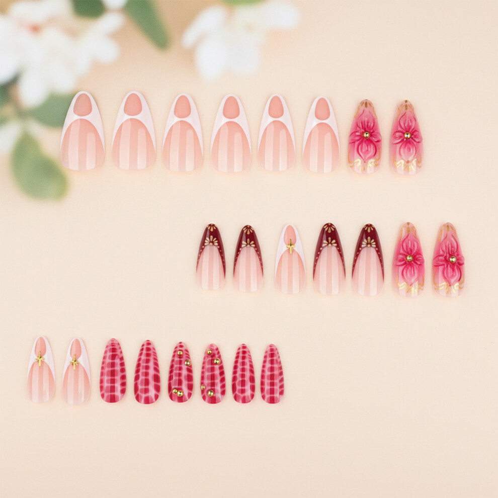 Creation-3C Ombre Glitter French False Nails With 3D Flowers