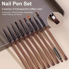 (MJ48-01) Limegirl Professional Nail Brush Set 9 Pieces Japanese Tea Color Painting Liner Blending Brushes Slender Handle Nail Art Tools
