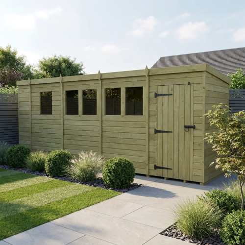 17 x 4 Pent Shed Tanalised (Single Door, With Windows)
