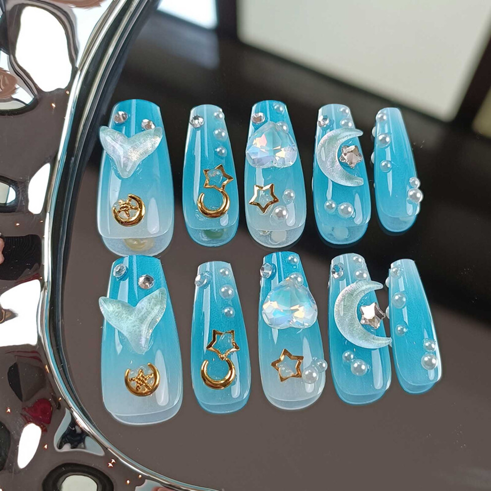 Roc-Electron (Xs) Pearl Blue Gradient Fake Nails - Chip-Proof & Durable