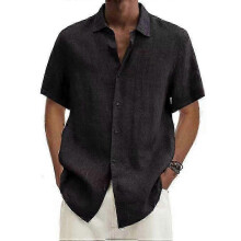 (S, black) Men's Solid Color Linen and Cotton Blend Lapel Button-Up Shirt