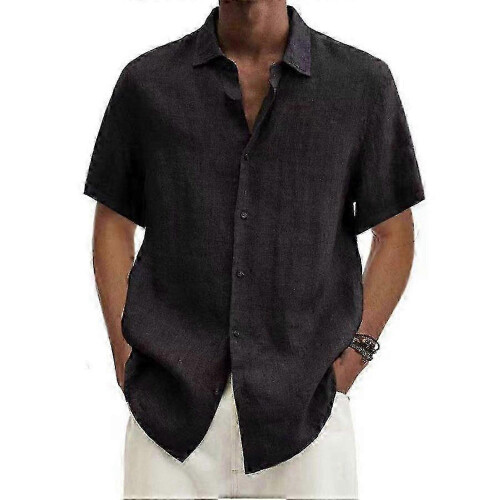 (S, black) Men's Solid Color Linen and Cotton Blend Lapel Button-Up Shirt