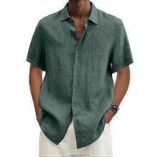 (XL, green) Men's Solid Color Linen and Cotton Blend Lapel Button-Up Shirt