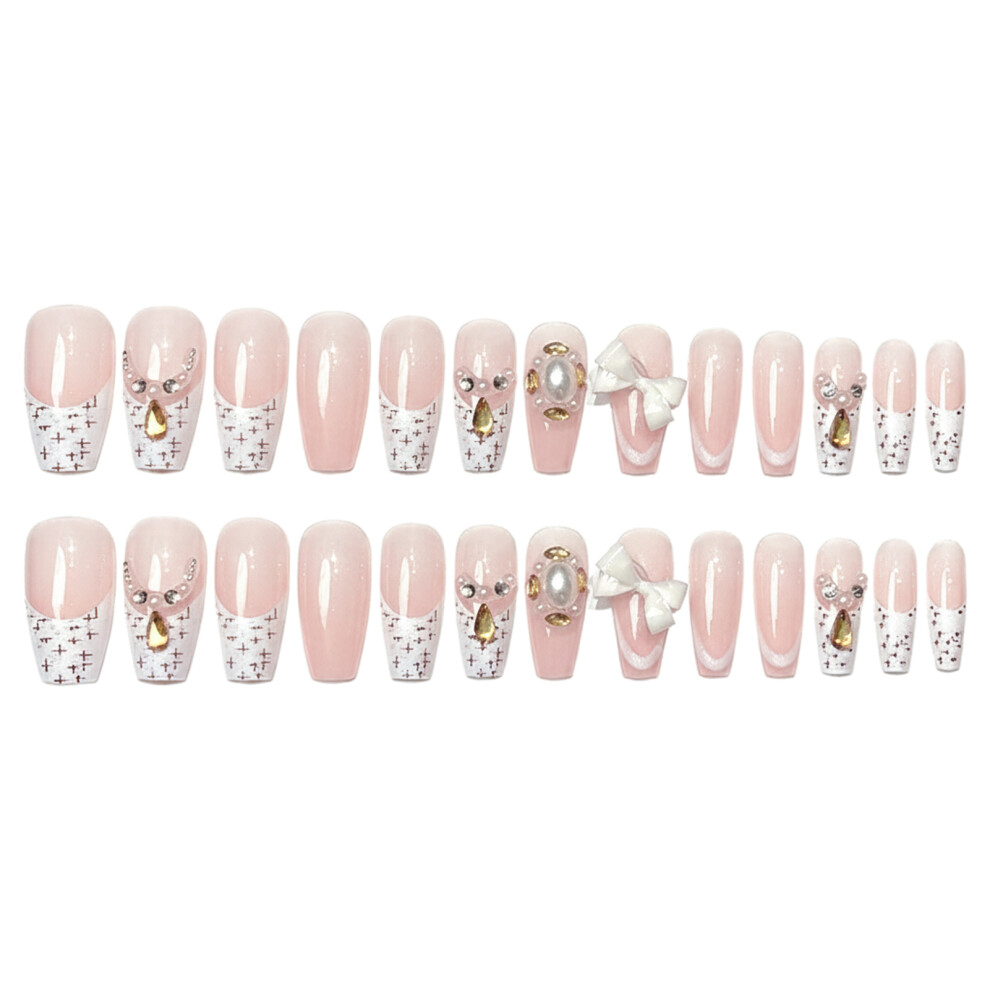 Dcph-Clothing 24Pcs Bowknot Pearl Press On Nails For Wedding & Daily Wear