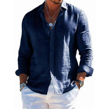 (S, Dark Blue) Men's Summer Loose Casual Cotton And Linen Long-Sleeved Shirt