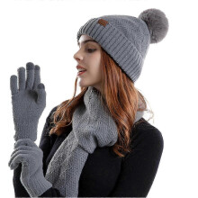 (Grey) 3 In 1 Winter Wear Set With Beanie/scarf/gloves Fashion Soft Warm Thick Cable Knitted Hat Set For Women