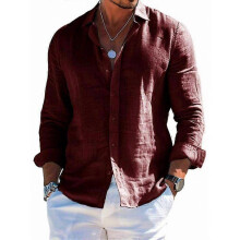 (M, Deep Red) Men's Summer Loose Casual Cotton And Linen Long-Sleeved Shirt