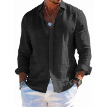 (4XL, Black) Men's Summer Loose Casual Cotton And Linen Long-Sleeved Shirt